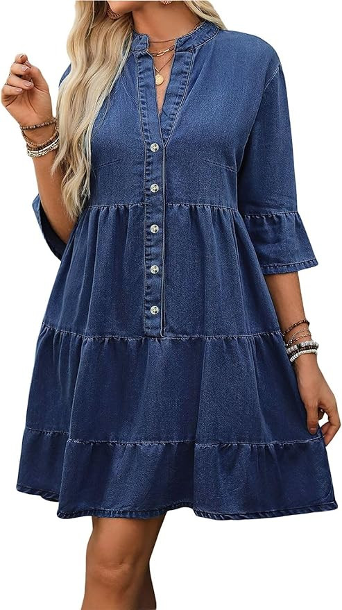 ebossy Women's Summer Casual 3/4 Sleeve Ruffle Jean Dress Tiered Flowy Button Down Shirt Dress 20... | Amazon (US)