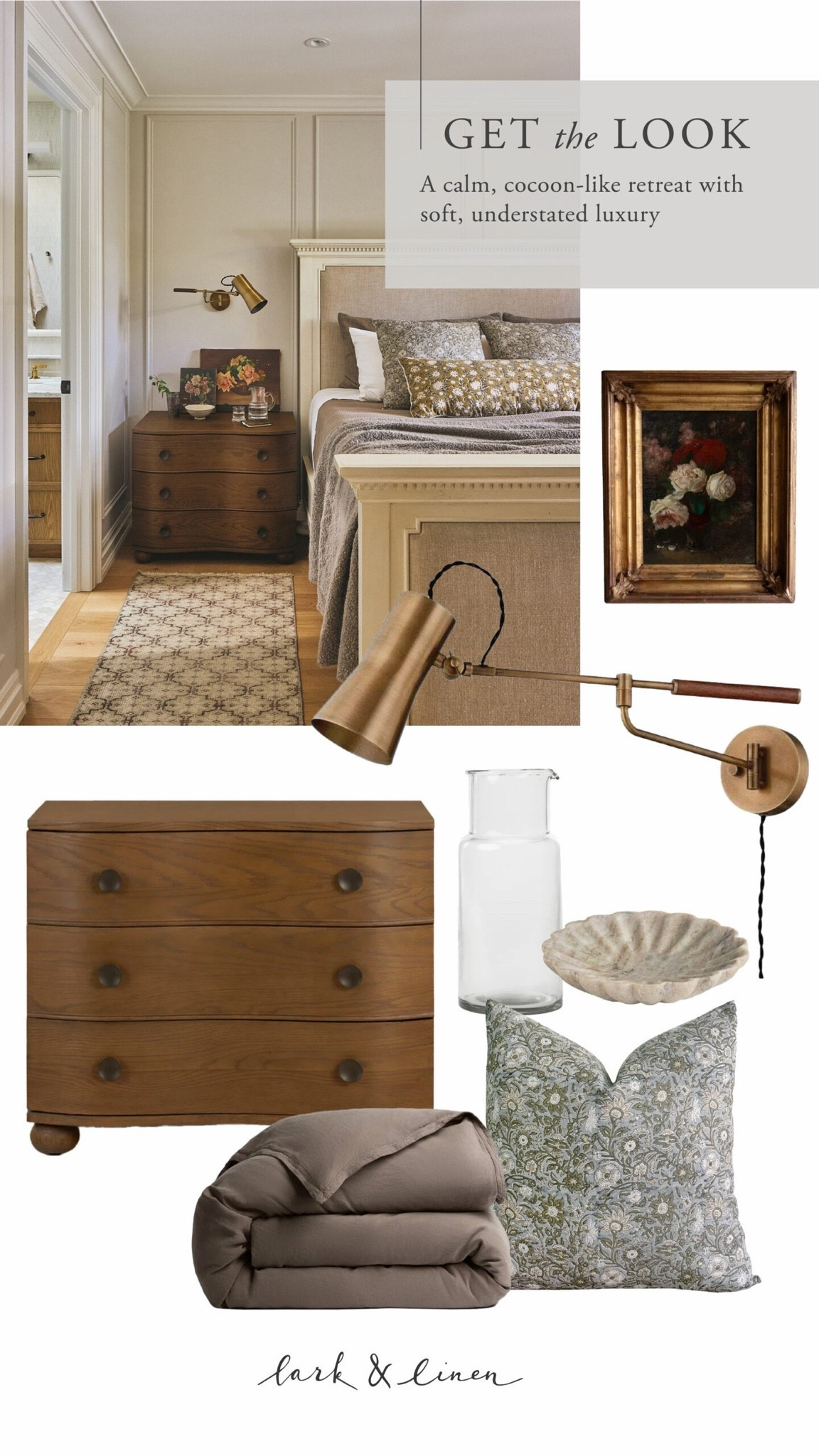 Shop the details from this layered primary bedroom reveal, including the nightstand, wall sconces, scalloped stone bowl, floral accent pillow, brown duvet, and glass bedside carafe. A mix of timeless investment pieces and beautiful finishing touches designed to create a warm, collected, lived-in feel.
