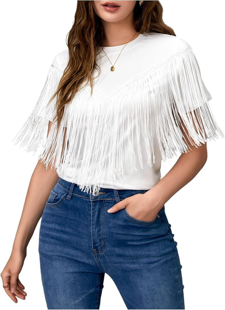 Verdusa Women's Short Sleeve Fringe Tops Tassel Trim Cowgirl Shirts Western Outfits | Amazon (US)