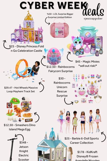Holiday gift ideas for kids, toy deals, hot wheels, frozen castle, rainbowcorns, Barbie, Disney princess, magic moxies 

#LTKsalealert #LTKCyberweek #LTKkids