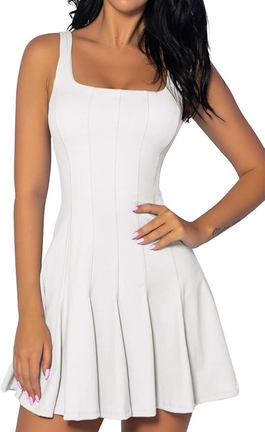 QINSEN Womens Sleeveless Tennis Dress with Shorts Square Neck Ribbed Pleated Athletic Dresses | Amazon (US)