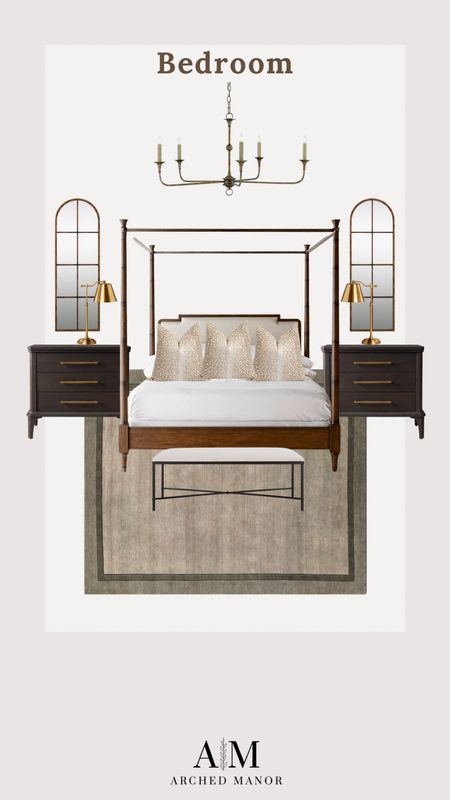 Bedroom design, canopy bed, nightstands, arched mirror, wool rug, bedroom chandelier

#LTKhome #LTKfamily #LTKsalealert