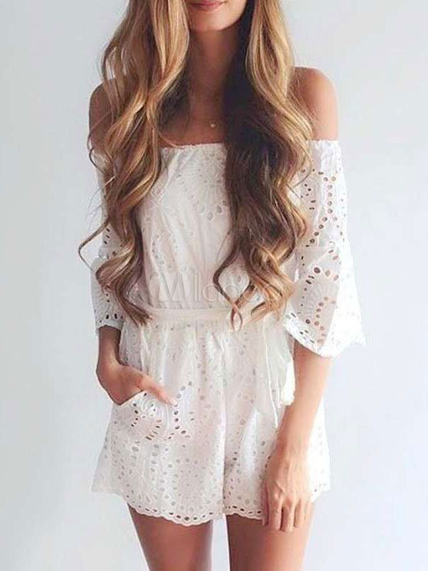 Women White Romper Off The Shoulder Cut Out Summer Sexy Playsuit | Milanoo