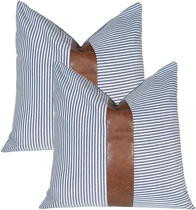 Kiuree Farmhouse Pillow Covers 20x20 Set of 2 Striped and Leather Outdoor Decorative Throw Pillo... | Amazon (US)