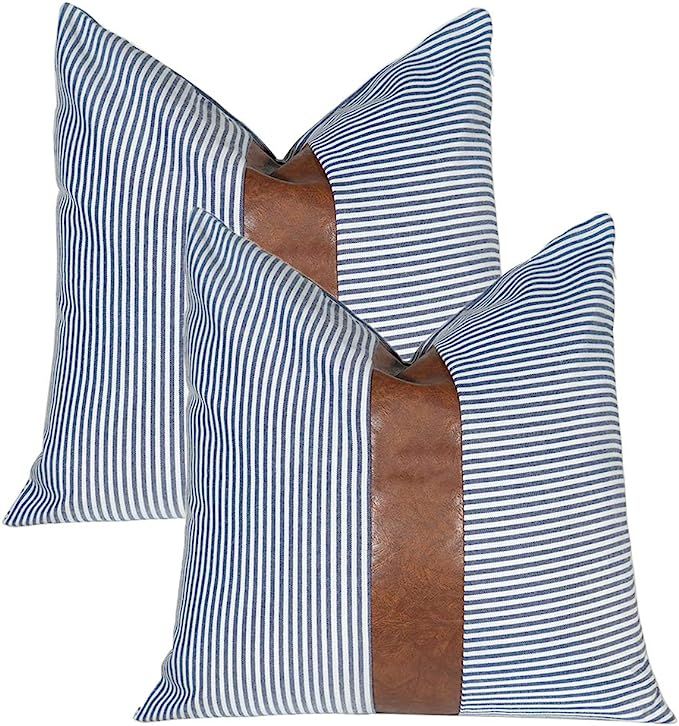 Kiuree Farmhouse Pillow Covers 20x20 Set of 2 Striped and Leather Outdoor Decorative Throw Pillo... | Amazon (US)