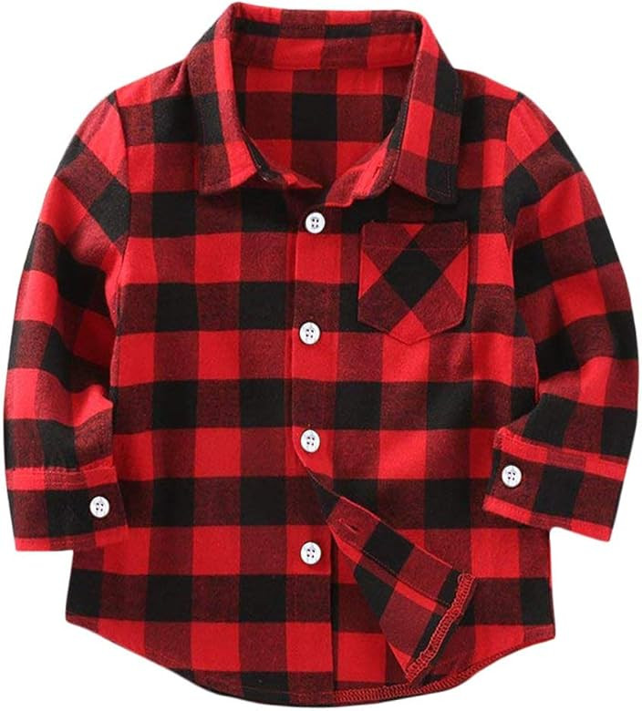 Kids Little Boys Girls Baby Long Sleeve Button Down Red Plaid Flannel Shirt Plaid Girl Boy NB-6T | Amazon (US)