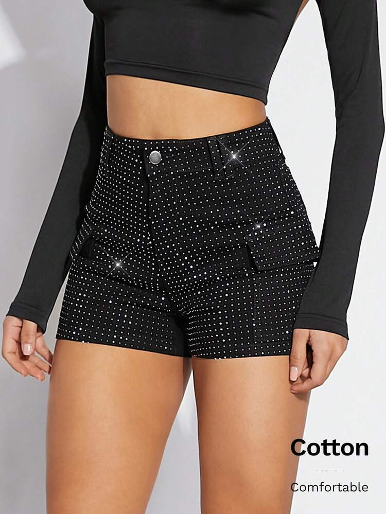 Denimoi Women's Black Rhinestone Dot Flap Pocket Shorts, Denim Shorts, For Going Out, Party, Country Concert, Rave Festival, Clubwear | SHEIN