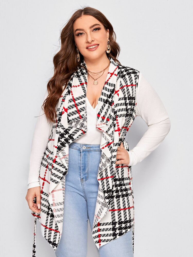 SHEIN Plus Self Belted Asymmetrical Hem Waterfall Vest Coat | SHEIN