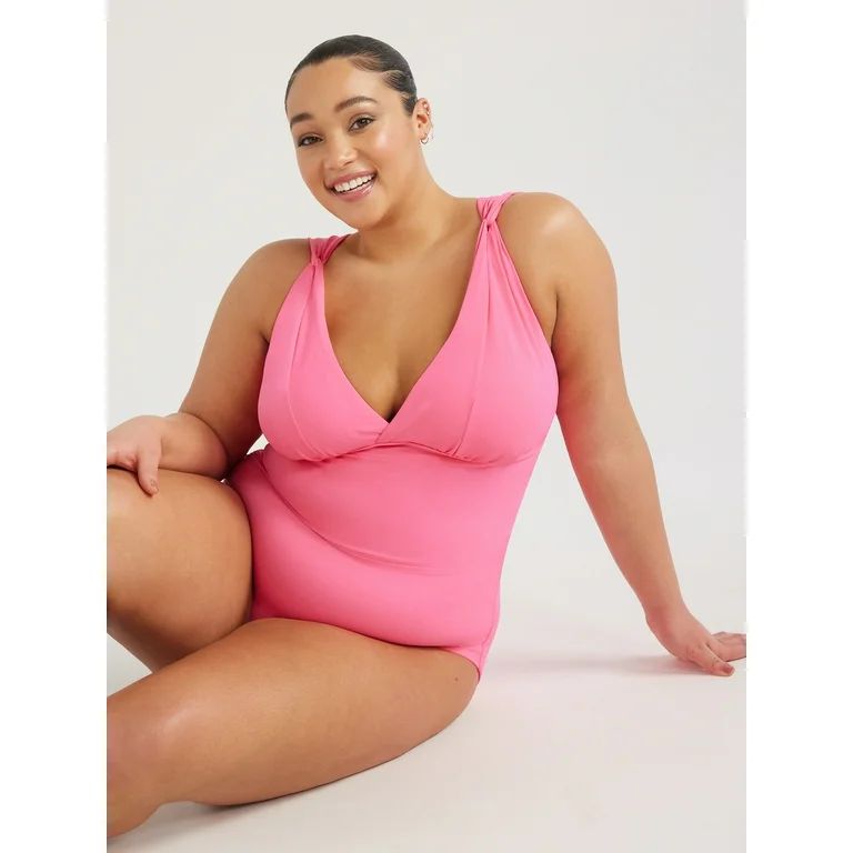 Time and Tru Women's and Women's Plus Plunge V Neck One Piece Swimsuit, Sizes XS-3X | Walmart (US)