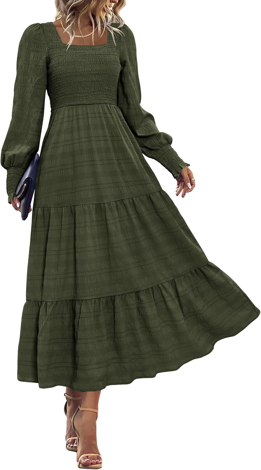 KIRUNDO Spring Dresses for Women 2026 Wedding Guest Maxi Long Sleeve Summer Smocked High Waist Flowy Party Cocktail Dress | Amazon (US)