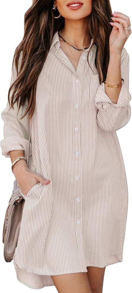 Aoudery Womens Button Down Shirt Dresses with Pockets Cotton Striped Shirts Collared Tunics Long ... | Amazon (US)