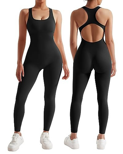 RXRXCOCO Women Backless One Piece Jumpsuits Sleeveless Scoop Neck Bodycon Romper Seamless Workout Yoga Jumpsuits Black Small | Amazon (US)