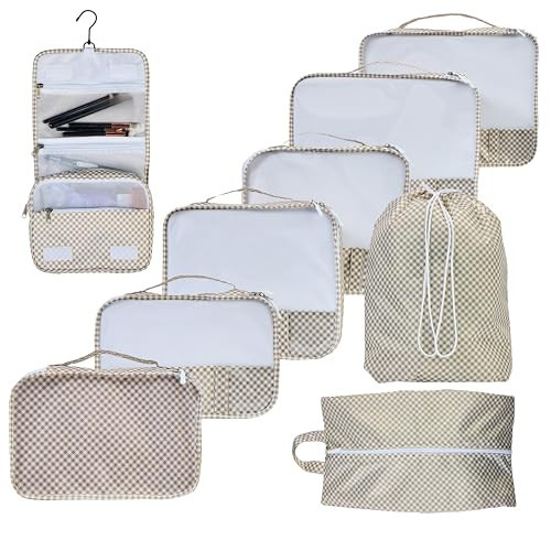 Foxy Traveler 9 Set Packing Cubes - Suitcase Organizer, Cute Packing Cubes, Travel Bags Organizer for Luggage with Hanging Toiletry and Shoe Bag, Travel Essentials for Women, Men and Kids -Gingham | Amazon (US)