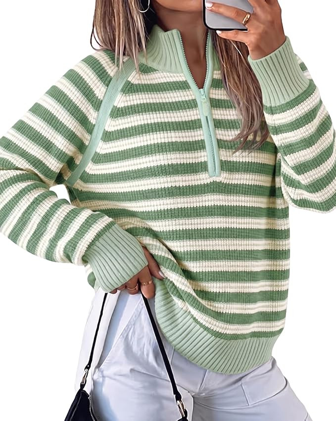 Fisoew Sweaters for Women Half Zip Striped Pullover Ribbed Knit Tops | Amazon (US)
