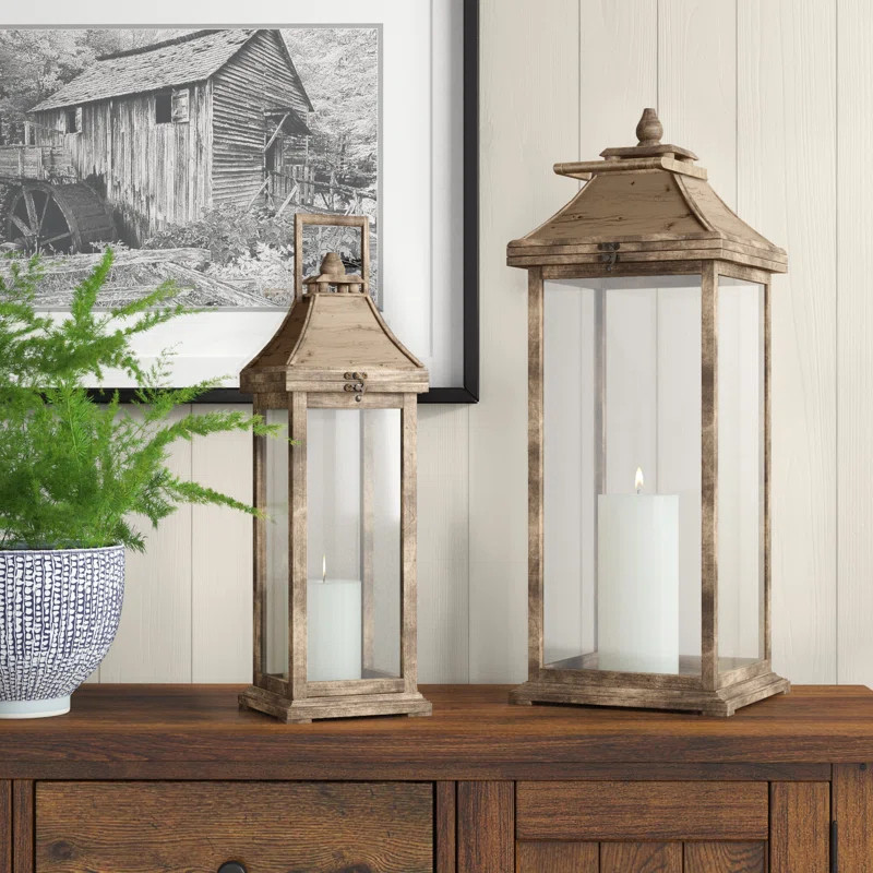 2 Piece Glass and Wood Lantern Set | Wayfair North America
