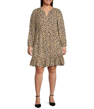 Plus Size Tiered Long Sleeve Split Neck Leopard Print Dress | Dillards