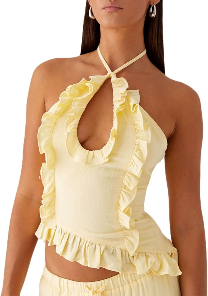 Womens Ruffle Frill Cute Going Out Halter Crop Tops Y2k Sexy Front Cut Out Backless Camisole Vest... | Amazon (US)