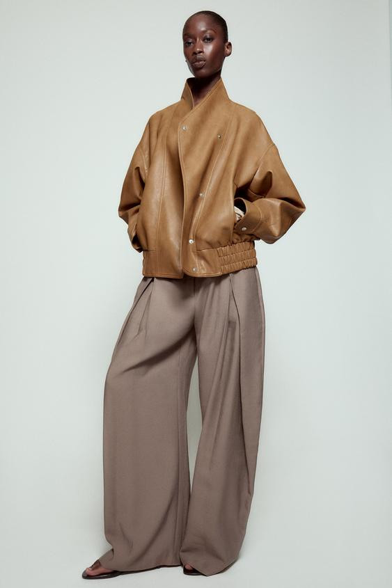 Zara - Zw Collection Darted Wide-Leg Trousers - Brown / Taupe - L - Woman | Zara AU