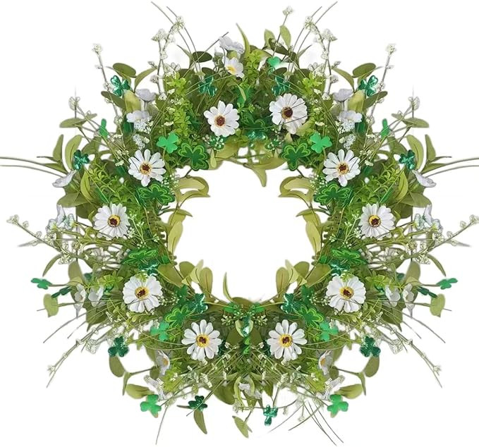 St. Patrick's Day Shamrocks Wreath 21.7 Inch White Daisy Wreath Artificial Greenery Clover Wreath... | Amazon (US)