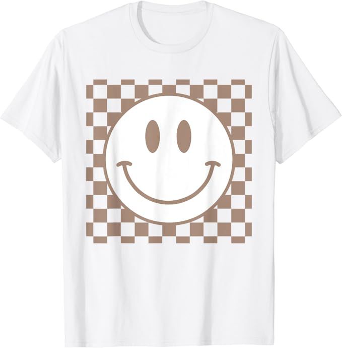 Retro Happy Face Shirt Checkered Pattern Smile Face Trendy T-Shirt | Amazon (US)