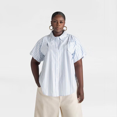 KBB by KAHLANA Women’s Long Sleeve ‘The Convertible Sleeve Button Down’ - White/Blue 4X | Target