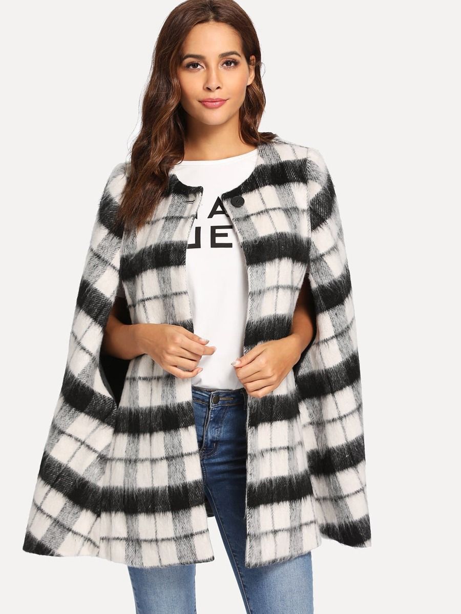 Button Front Faux Fur Plaid Cape Coat | SHEIN