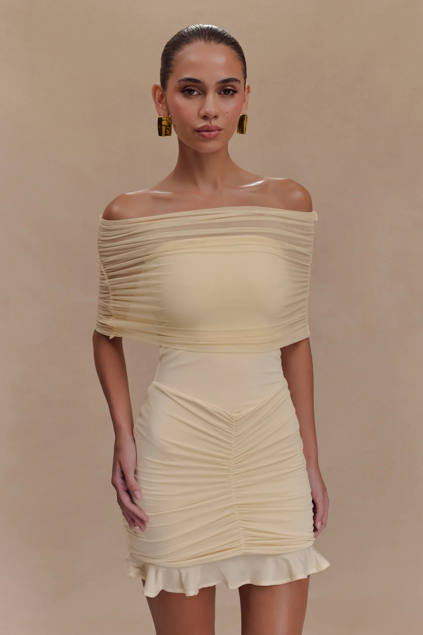 Caspian Slinky And Mesh Off Shoulder Mini Dress - Ivory | Meshki UK