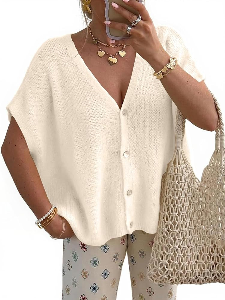 Womens Spring Sweaters Cardigans 2026 Summer Tops Trendy Short Sleeve V Neck Button Coverup Vacat... | Amazon (US)