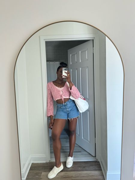 Spring outfit, shorts, crop top, crochet sweater, casual outfit, everyday outfit, easy outfit, sneakers, casual shoes 

#LTKsalealert #LTKfindsunder100 #LTKfindsunder50