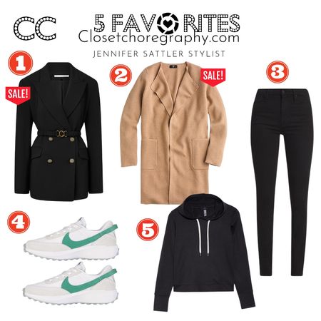 My 5 favorites included two name brand staples on sale at Veronica Beard and J Crew, new Nikes under $100, the skinny jeans I’m wearing instead of leggings, and the best thin hoodie to layer under. 