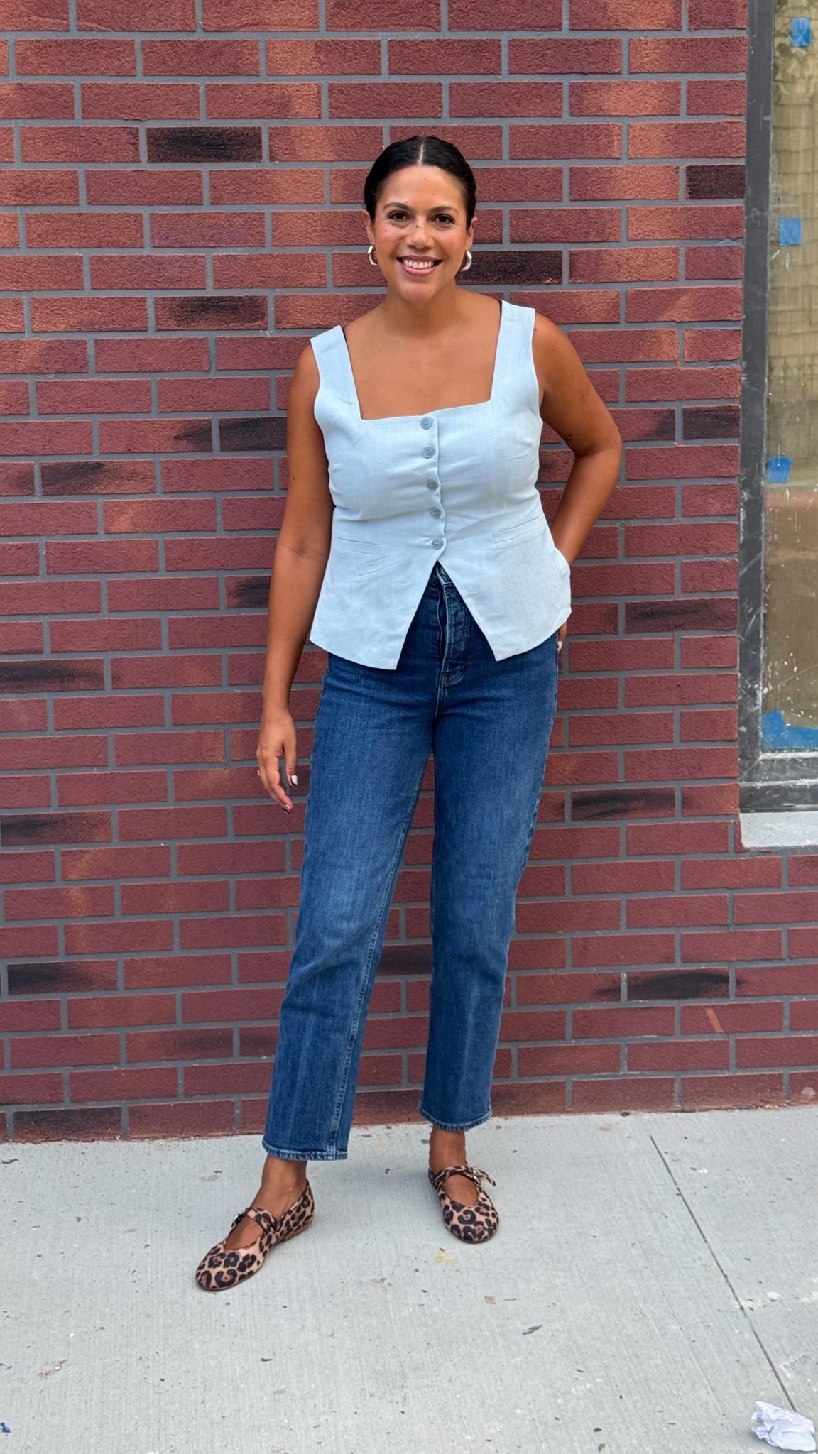 Had to do pants for this surprise date because I have enough issues sitting criss cross  apple sauce on the floor to be worried about flashing people 😅. A fitted vest tank popped in light blue over darker wash jeans, paired with leopard Mary Jane flats for a flash of pattern. 

Speaking of the vest, it’s Alexia Admor and originally rented but I had to buy it. The sizing on their site is picked VERY thin for this color, but I linked other options here! I’m wearing a size 12, it runs a bit small. Jeans are Old Navy straight leg ankle jeans and the flats are Zara (older, I linked similar ones as well). Earrings are by Nakamol and makeup by the amazing Carly Hughes - check out my makeup lesson post right before this one for those products. 

#LTKMidsize #LTKShoeCrush #LTKSeasonal