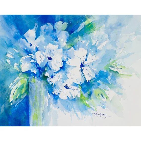Floral Blue and White Watercolor 16x20 Original Painting - Etsy | Etsy (US)