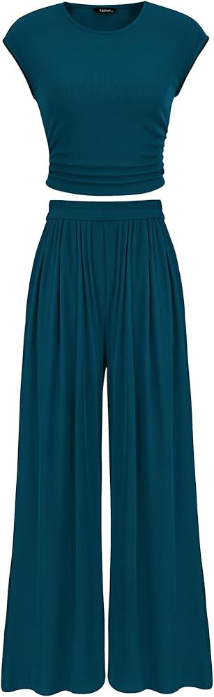 PRETTYGARDEN Women's Summer 2 Piece Outfits 2026 Cap Sleeve Ruched Slim T Shirt Ribbed Knit Wide ... | Amazon (US)