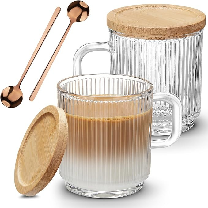 Mfacoy 2 PACK Glass Coffee Mugs with Handle & Spoon, 12 OZ Glass Coffee Cups with Bamboo Lid, Rib... | Amazon (US)