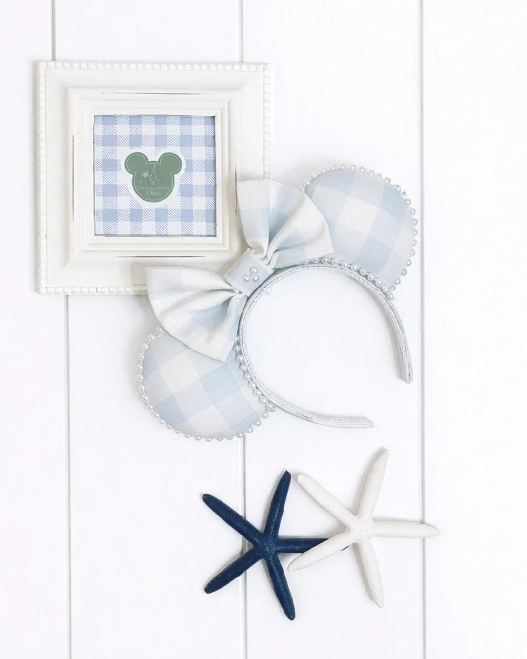 Cape Cod Classic | Gingham Mouse Ears | Blue & White Gingham Pearl Disney Ears | Handmade Coastal... | Etsy (US)