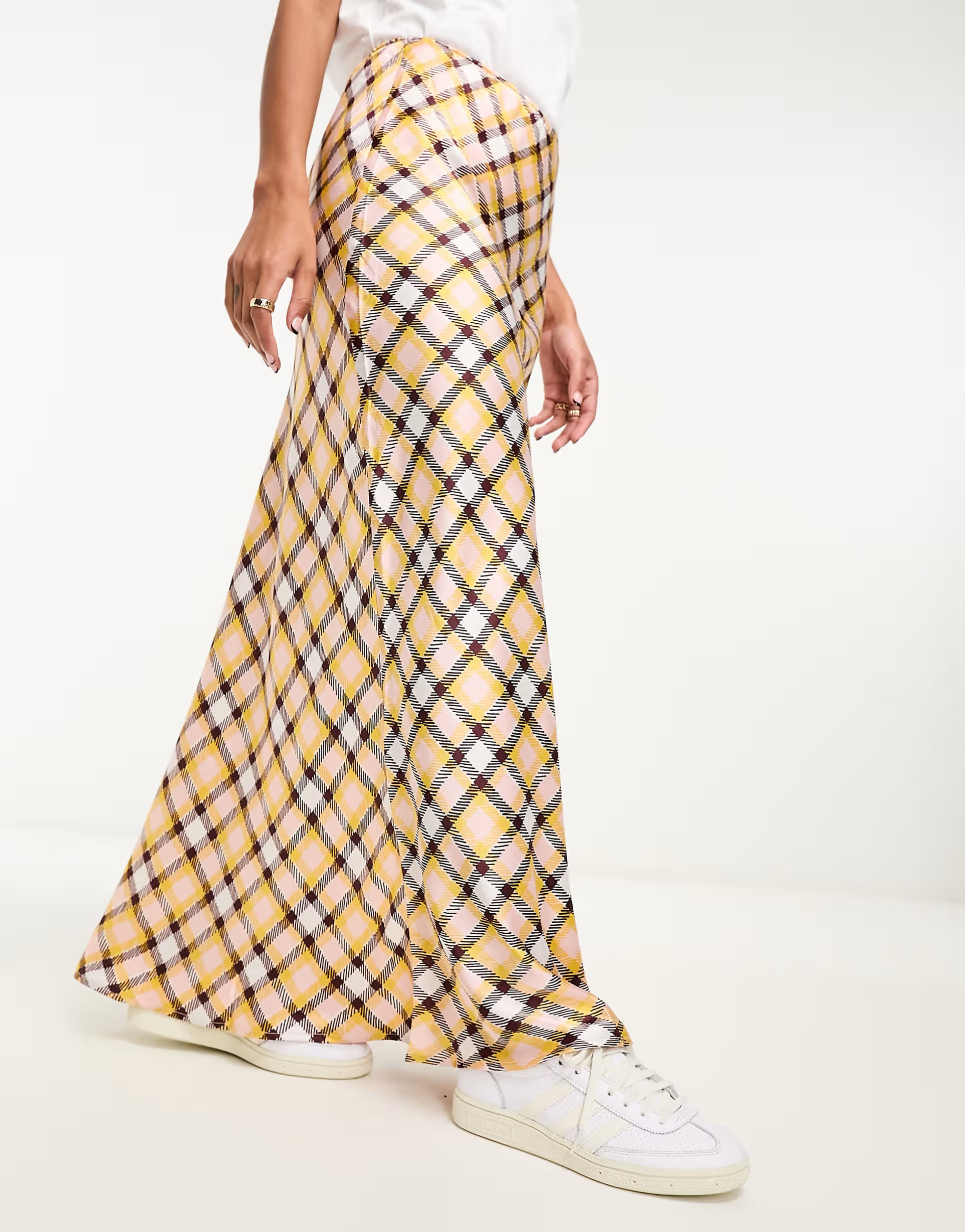 ASOS DESIGN satin bias maxi skirt in pink and yellow check | ASOS (Global)