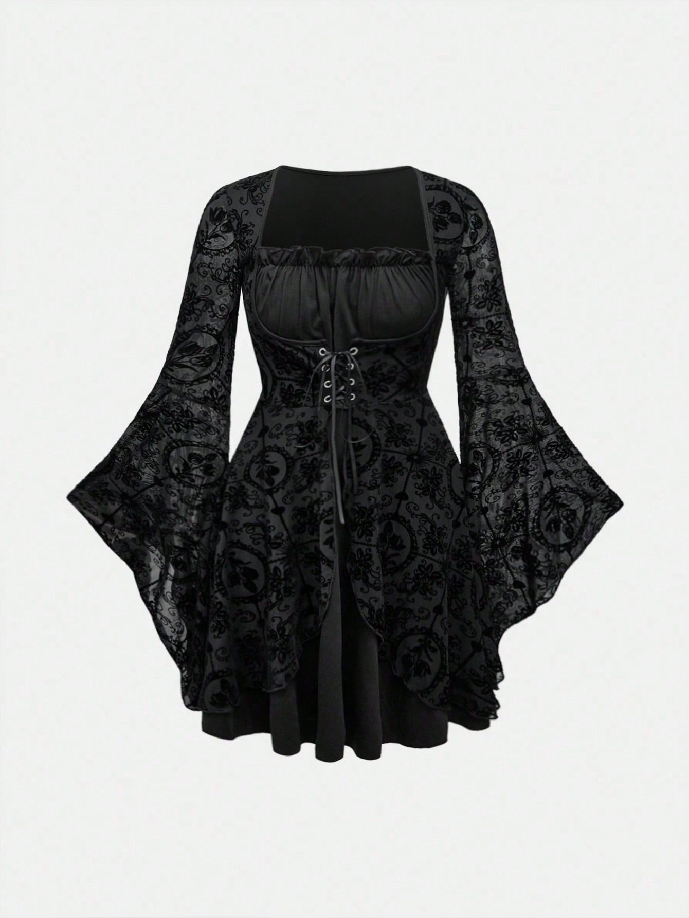 ROMWE Goth Retro Gothic Style Flocked Cross & Floral Mesh Patchwork Lace-Up Waist Women Dress | S... | SHEIN