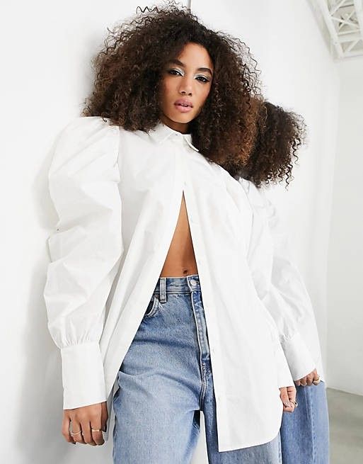 ASOS EDITION cotton shirt with oversized puff sleeve in white | ASOS (Global)