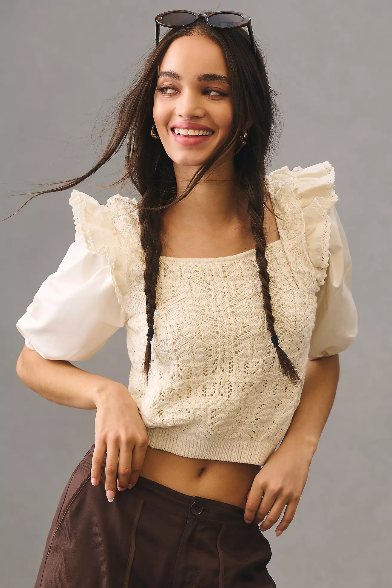 En Saison Collette Ruffled Puff-Sleeve Sweater Top | Anthropologie (US)