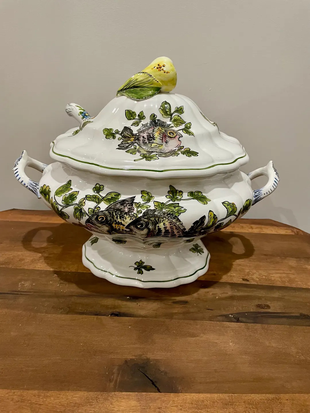 Mid-century Italian hand painted fish and fruit tureen and ladle. Tureen has a paneled and footed... | Etsy (US)