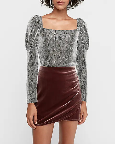 metallic long puff sleeve top | Express