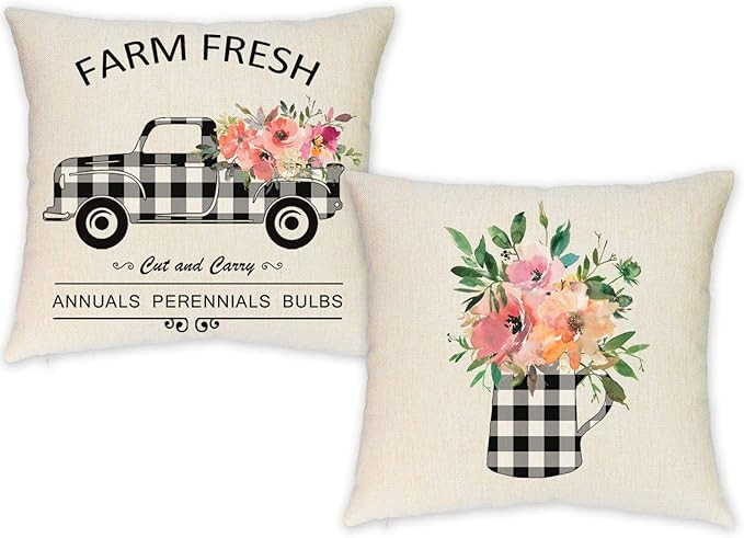 HEOFEAN Spring Pillow Covers 18x18 Inch,Set of 2 Buffalo Plaid Floral Farmhouse Spring Decorative... | Amazon (US)