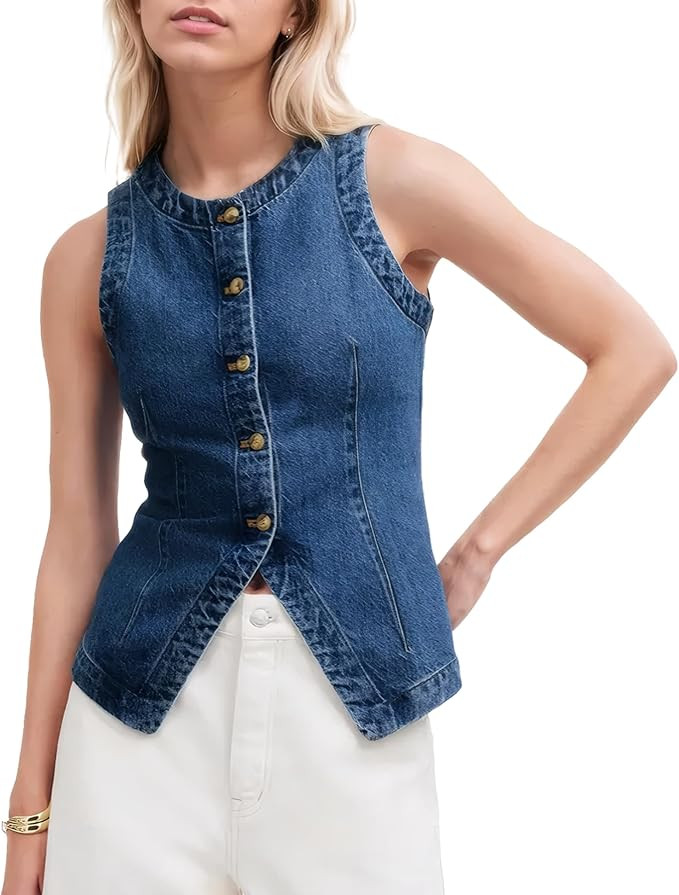 D-Sun Women Denim Vest Sleeveless Crewneck Button Down Jean Waistcoat Casual Front Slit Slim Deni... | Amazon (US)