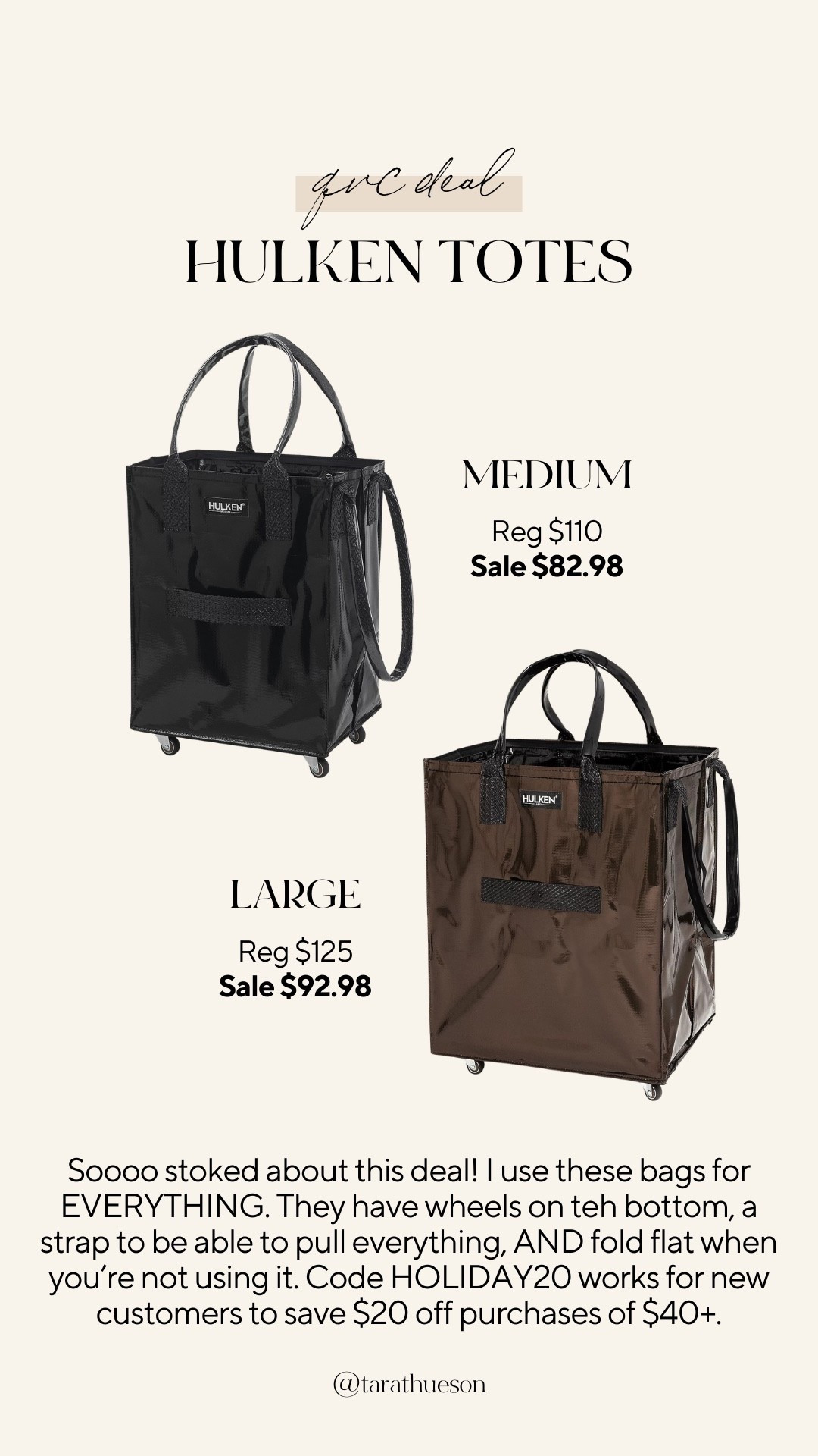 Soooo stoked about this deal on @qvc! I use these bags for EVERYTHING. They have wheels on teh bottom, a strap to be able to pull everything, AND fold flat when you’re not using it. Code HOLIDAY20 works for new customers to save $20 off purchases of $40+. #ad #LoveQVC

#LTKCyberWeek #LTKGiftGuide