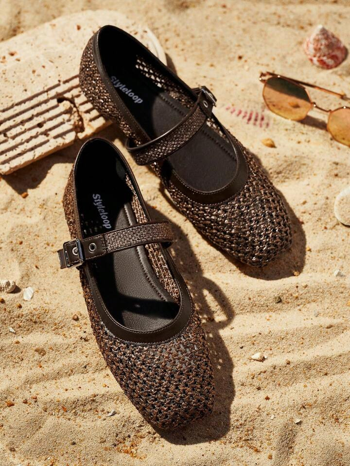 Styleloop Women's Outdoor Round Toe Low Heel Beige Woven Mesh Fabric Fashionable Minimalistic Ele... | SHEIN