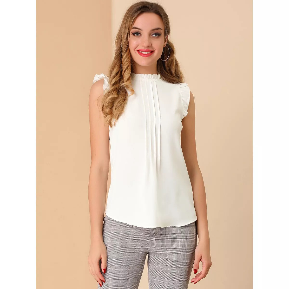 INSPIRE CHIC Women's Ruffled Curved Hem Business Office Vintage Sleeveless Blouse White Large | Target