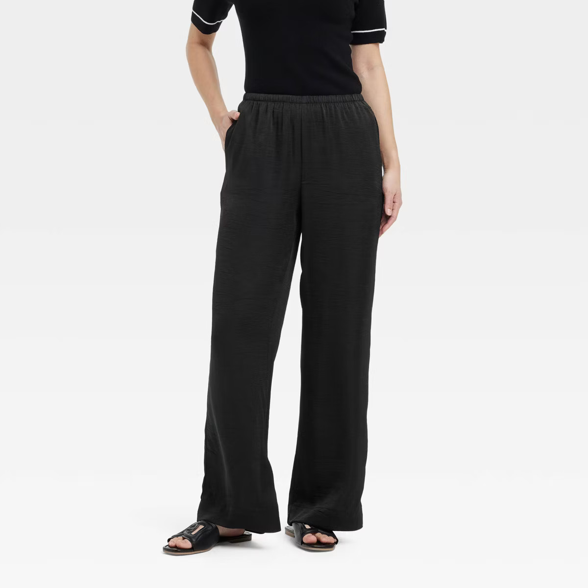 Women's Mid-Rise Straight Leg Crinkle Satin Pull-On Pants - A New Day™ | Target