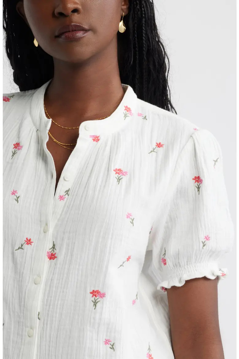 Short Sleeve Embroidered Flower Cotton Popover Top (Women) | Nordstrom | Nordstrom