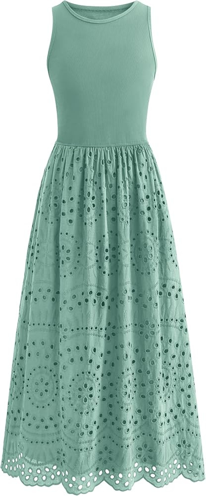 dowerme Women Summer Dresses 2026 Casual Sleeveless Crewneck A-Line Boho Lace Eyelet Cotton Tank ... | Amazon (US)