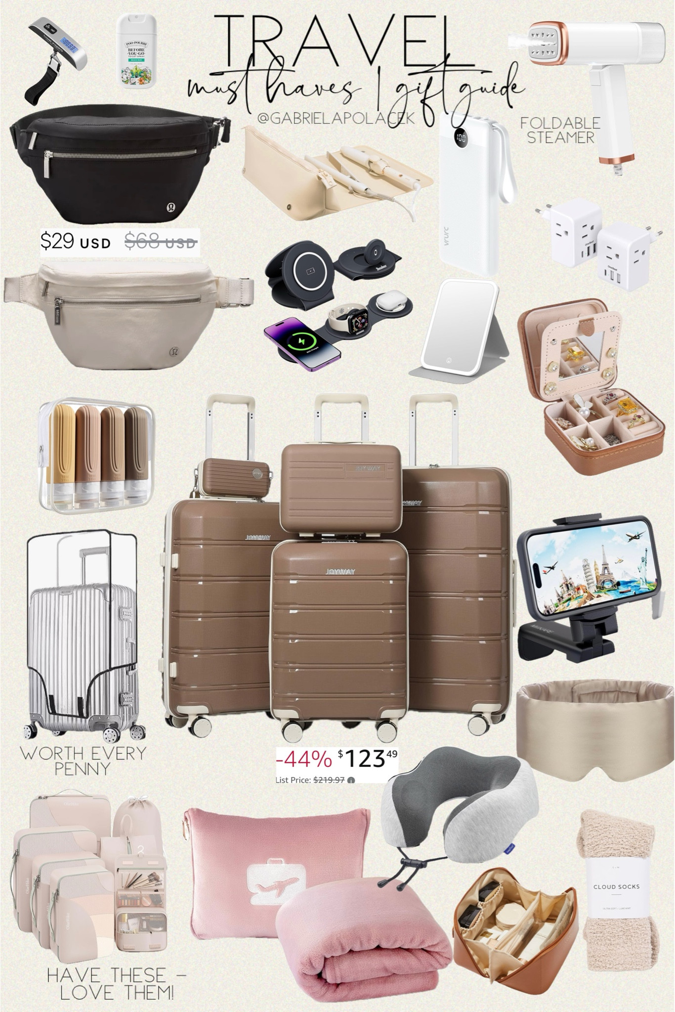 Holiday travel is just a few weeks away. So here are some of my favorite travel must haves. Or gift guide for traveler. 

Travel mini mirror | Portable Handheld Steam Garment Steamer Foldable | luggage digital scale | Travel Bottles for Toiletries | one of my best purchases clear luggage cover | 3 in 1 Charging Station for Apple Multiple Devices, Foldable Travel Wireless Charger | 2 Pack European Travel Plug Adapter | EverSnug Travel Blanket and Pillow - Ultra-Soft, Compact & Lightweight | Poo-Pourri Before-You-Go Toilet Spray, Beach Bum | Hair Tools Travel Bag and Heat Resistant Mat for Flat Irons | Handsfree Phone Mount for Flying with 360 Degree Rotation | neck pillow | power bank | packing cubes - life savers | travel jewelry box | lululemon athletica City Adventurer Belt Bag

#LTKTravel #LTKGiftGuide #LTKFindsUnder50